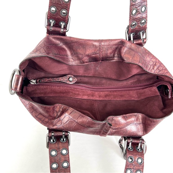 FRANCESCO BIASIA Burgundy Metallic Croc Embossed Leather Oversized Shoulder Bag - Picture 8 of 14